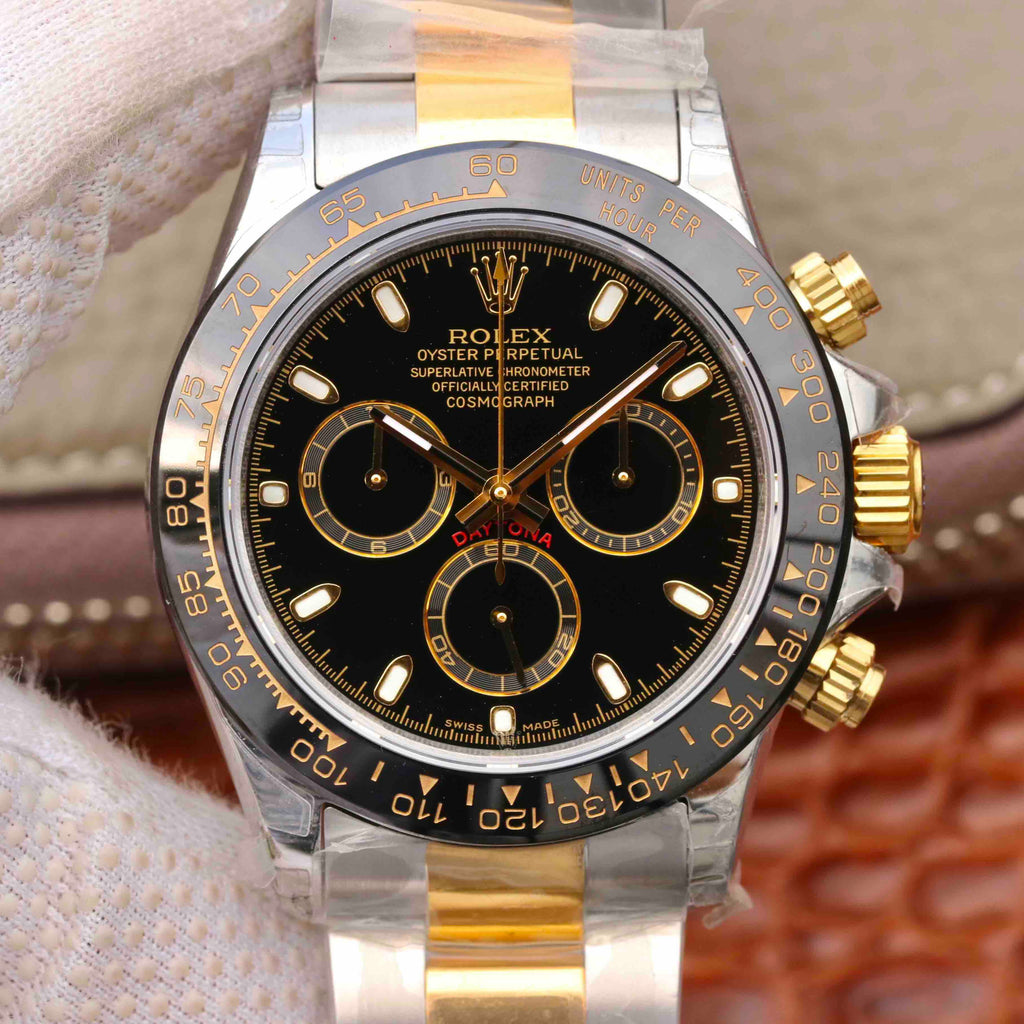 DAYTONA 40MM GOLD STEEL BLACK BEZEL BLACK DIAL
